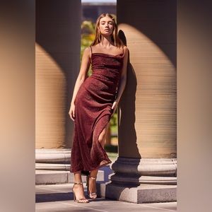 Lulus Next Please Gold and Burgundy Cowl Neck Bodycon Dress